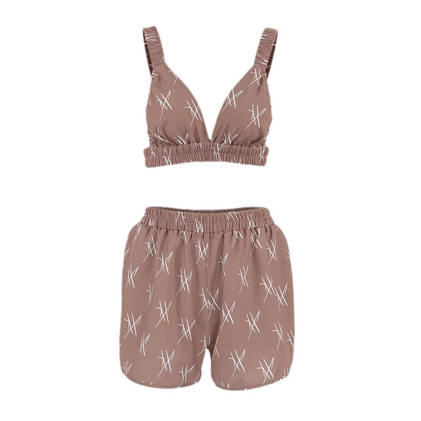 Fashionable Printed Camisole And Slit Shorts For Women