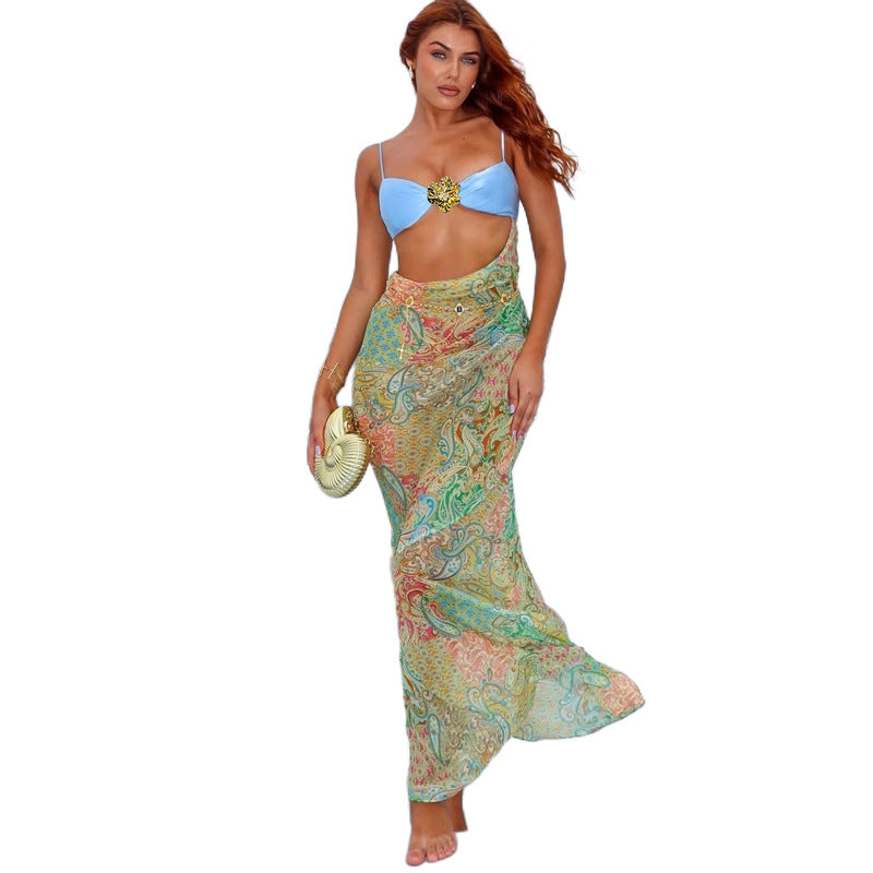 Spring Sexy Spaghetti Strap Patchwork Midriff-Baring Printed Maxi Dress
