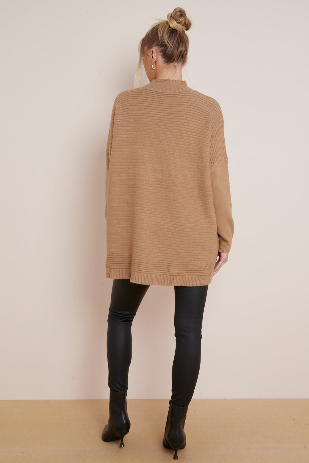 Camel High Neck Ribbed Jumper