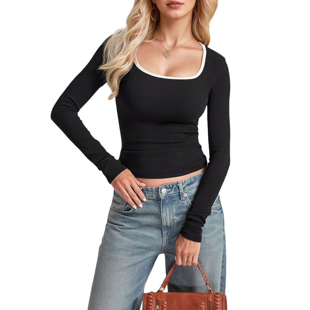 Threaded Figure-hugging Casual Bestseller Long-sleeve Color-block T-shirt With A U-neck