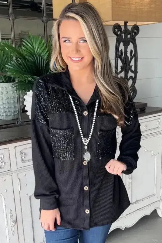 Black Sequin Patch Chest Pocket Corded Shacket-4