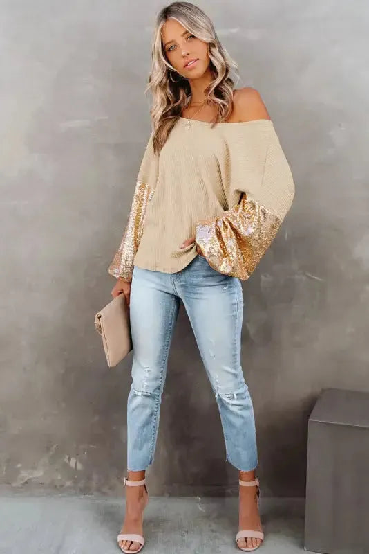 Sequin Sleeve Open Back Waffle Knit Top-3