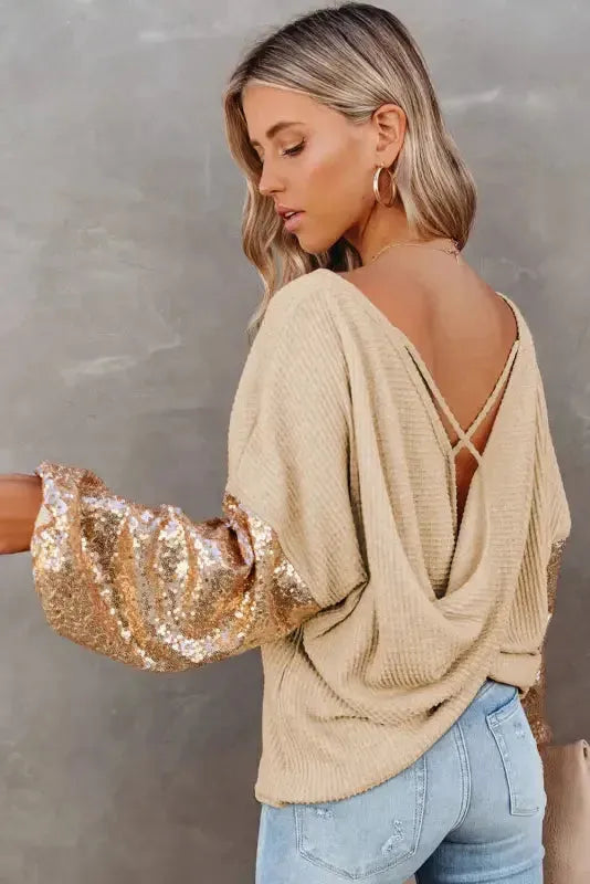 Sequin Sleeve Open Back Waffle Knit Top-1