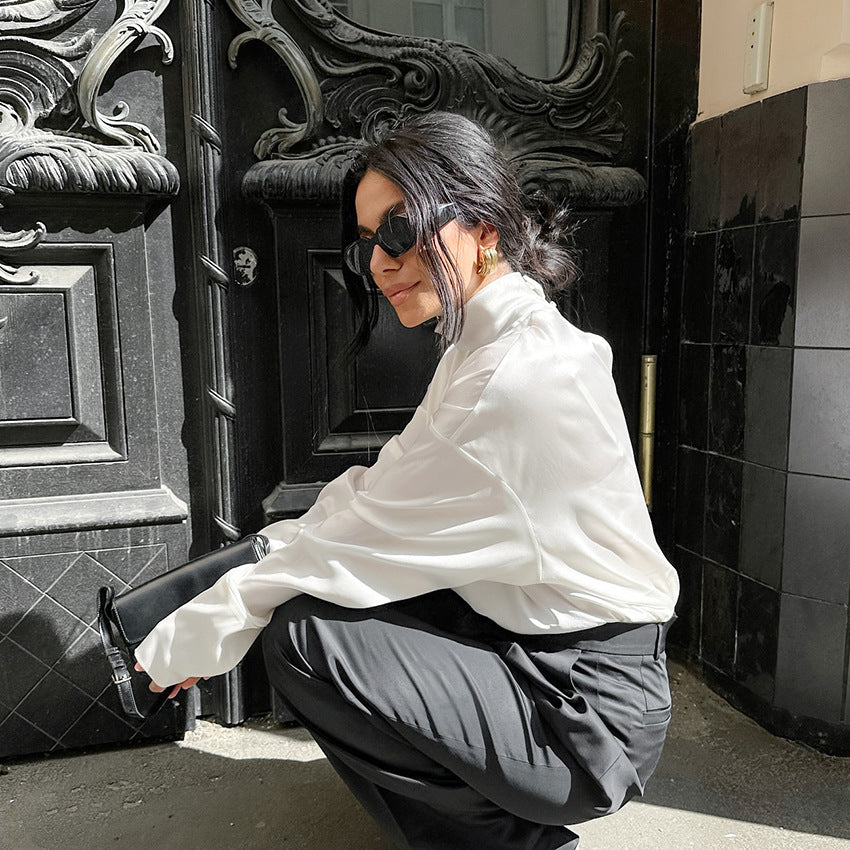 Women's Elegant High-neck White Workwear-style Relaxed-fit Long-sleeve Top