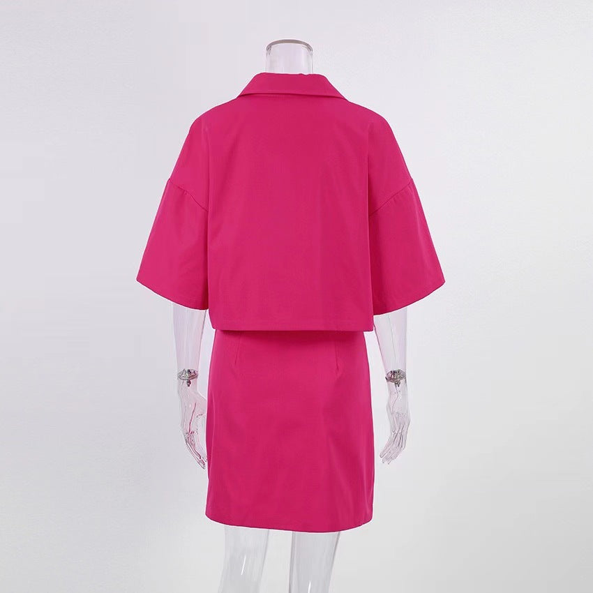 Womens Preppy Style Design-focused Short-sleeve Short-skirt Set