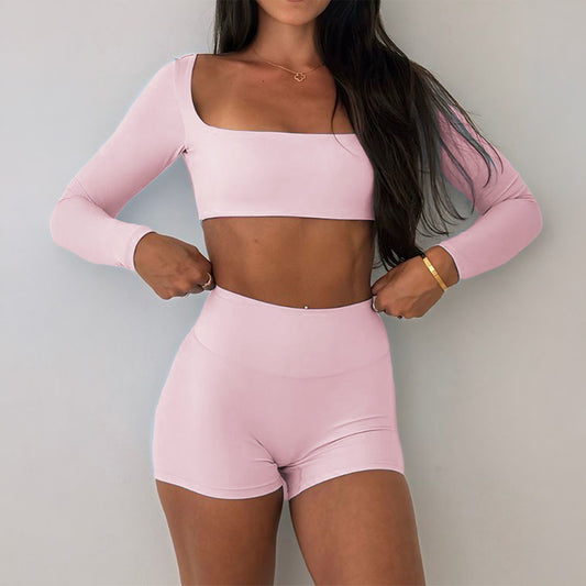 Womens Solid-Colored Yoga Sports Tank Top And Shorts Set