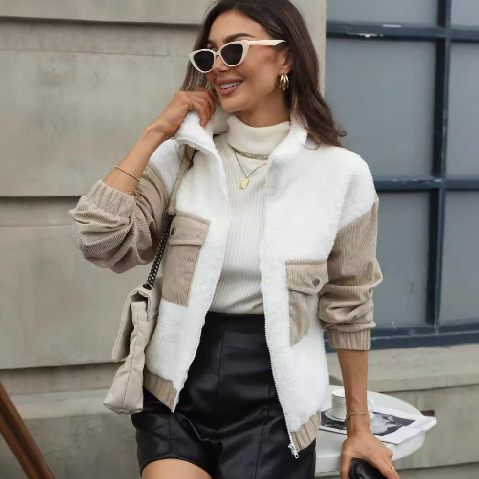 Women's Fleece Patchwork Corduroy Loose Cardigan Coat