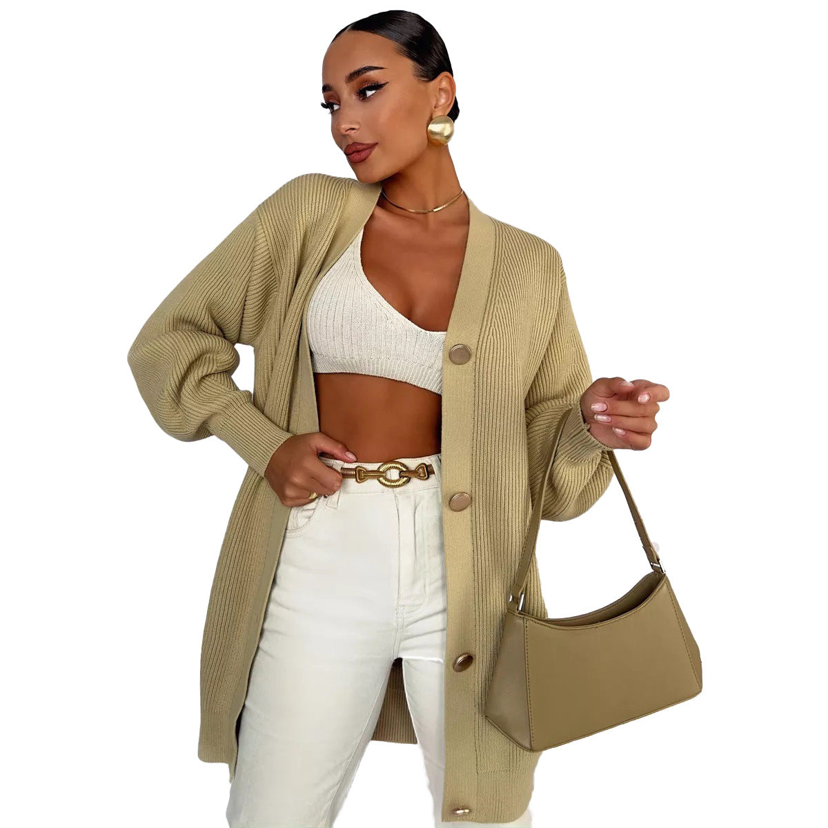 European And American Pure Color Casual Versatile Loose V-neck Early Autumn Knitted Cardigan