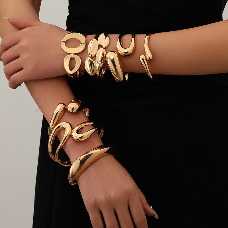 Minimalist Irregular Wave Pattern Handmade Metal Smooth Bracelet For Women