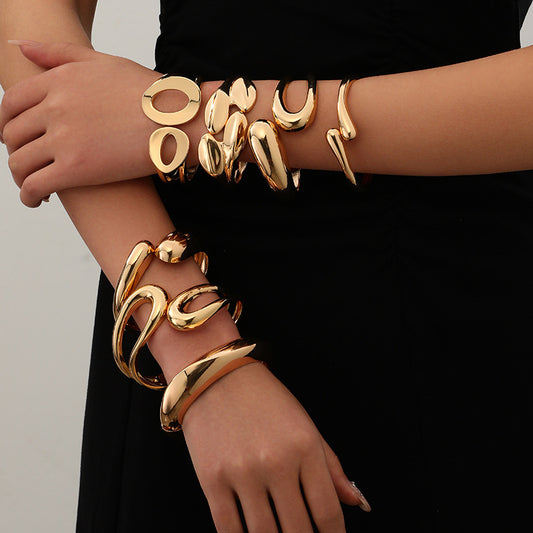 Minimalist Irregular Wave Pattern Handmade Metal Smooth Bracelet For Women