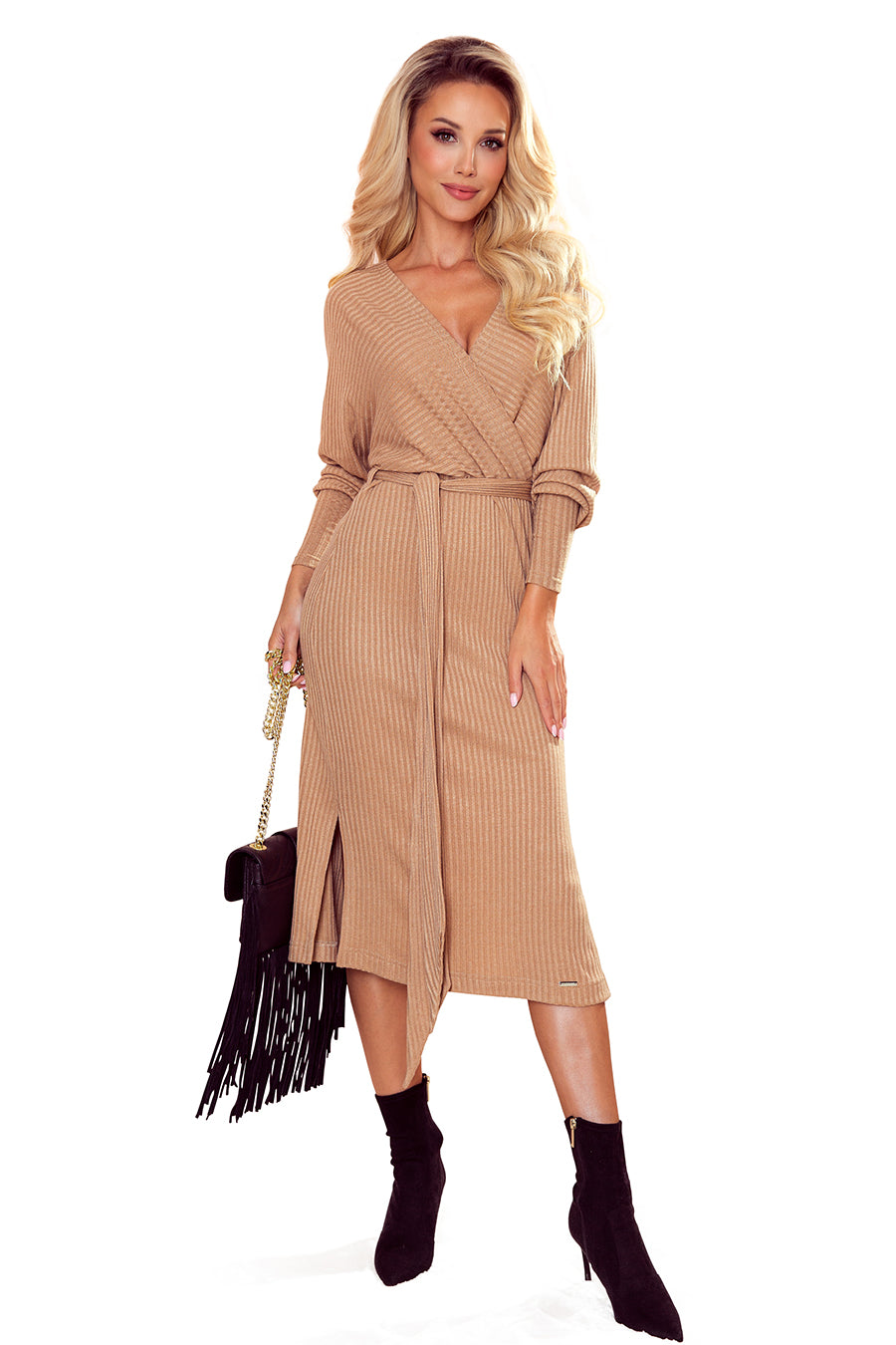 Numoco 356-1 Wrap sweater dress with a binding - beige stripes