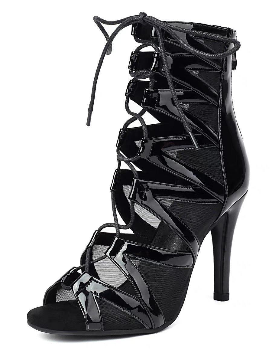 Jazz High Heels Belt Buckle Hollow Mesh Peep Toe Booties