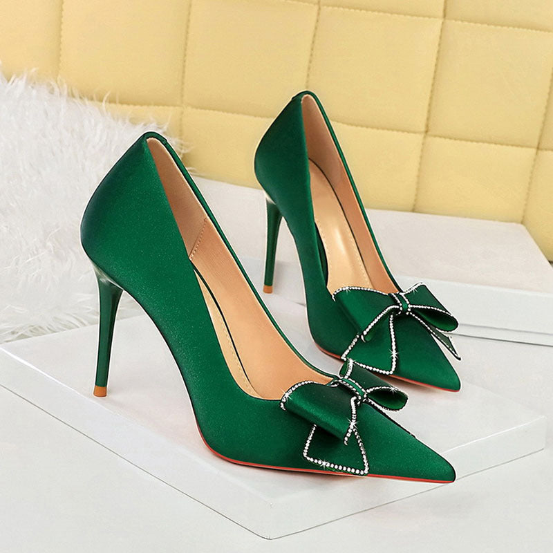 Rhinestone Bow Stiletto Heel Pumps Pointed High Heels