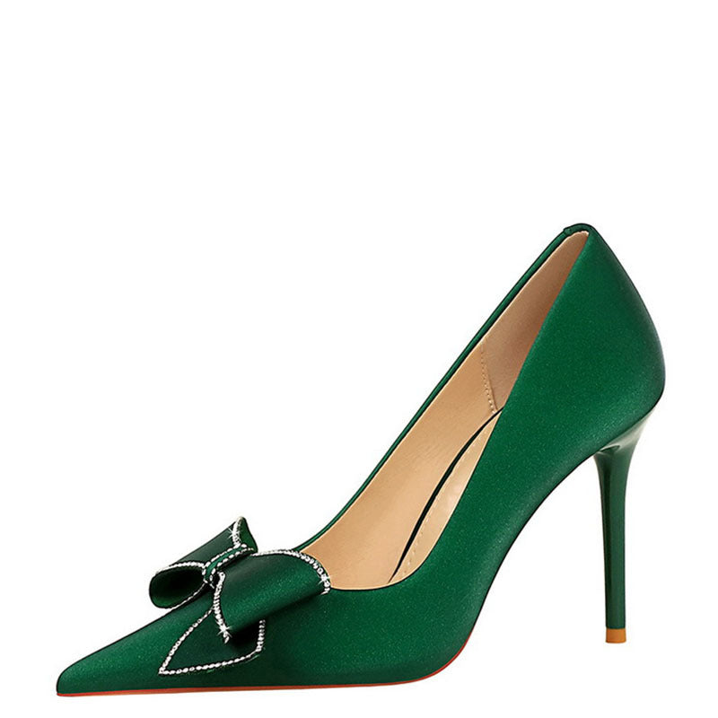 Rhinestone Bow Stiletto Heel Pumps Pointed High Heels