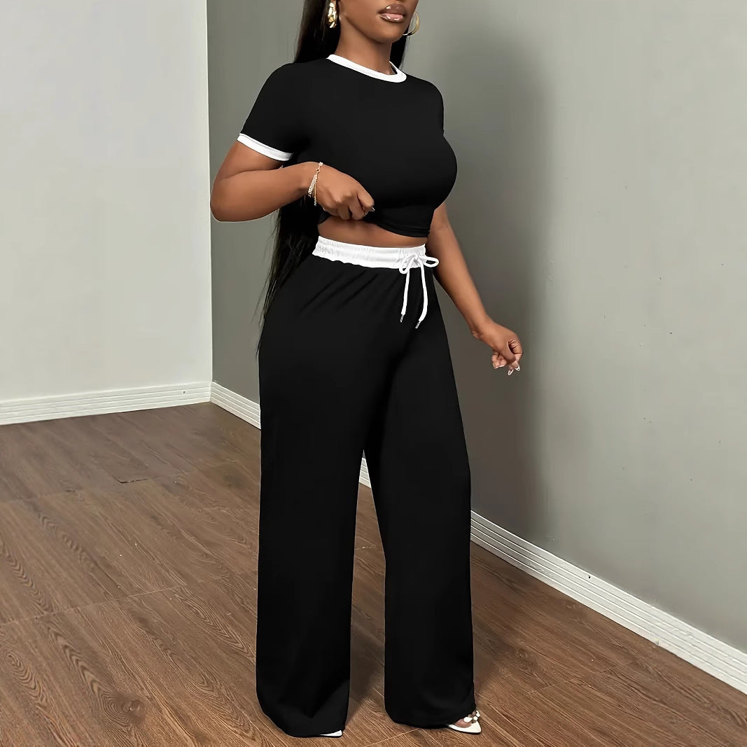 Womens Color-block Slim-fit Short-sleeve Top And Pants Two-piece Set