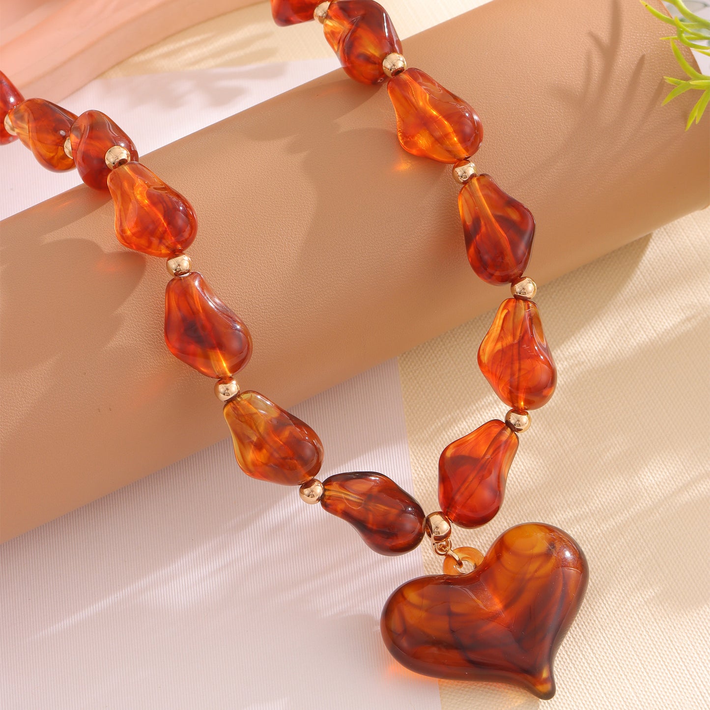 Diamond-shaped Acrylic Pendant Necklace With Large Resin Heart Design