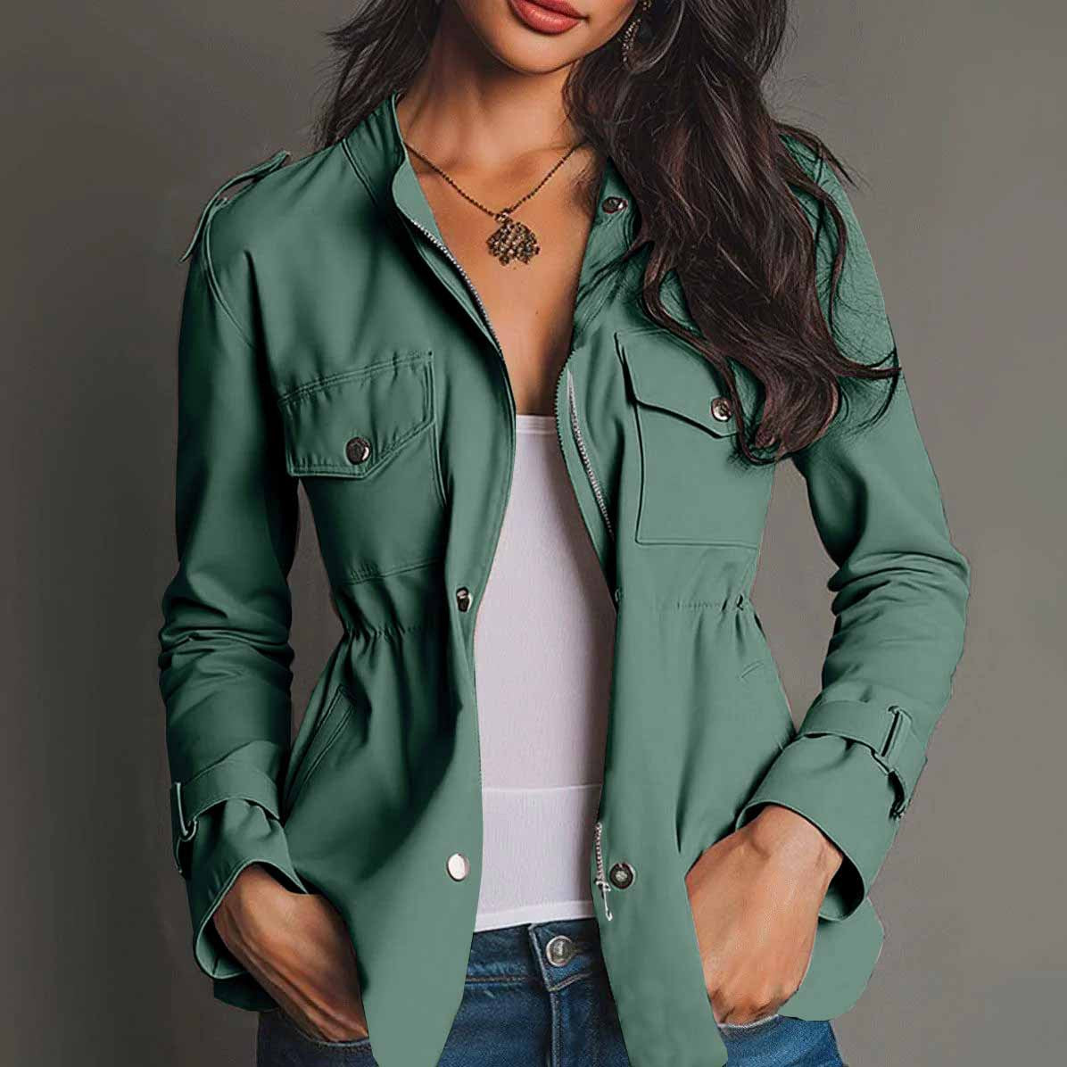 Long Sleeve Waist-tight Jacket Pocket Windbreaker Coat Women's Clothing