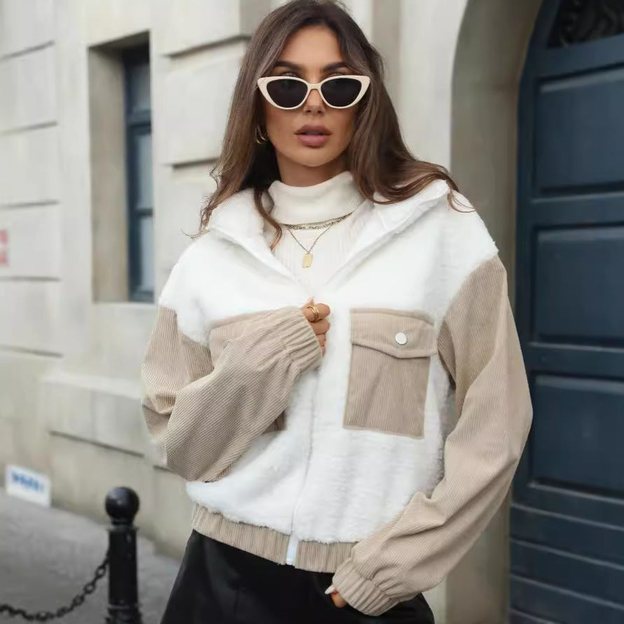 Women's Fleece Patchwork Corduroy Loose Cardigan Coat
