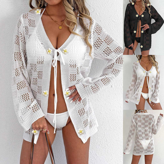 Ladies Cardigan Women's Sweater Machine-knitted Hollow Long-sleeve Sun Protection Bikini Cover-up Tie Beach Jacket
