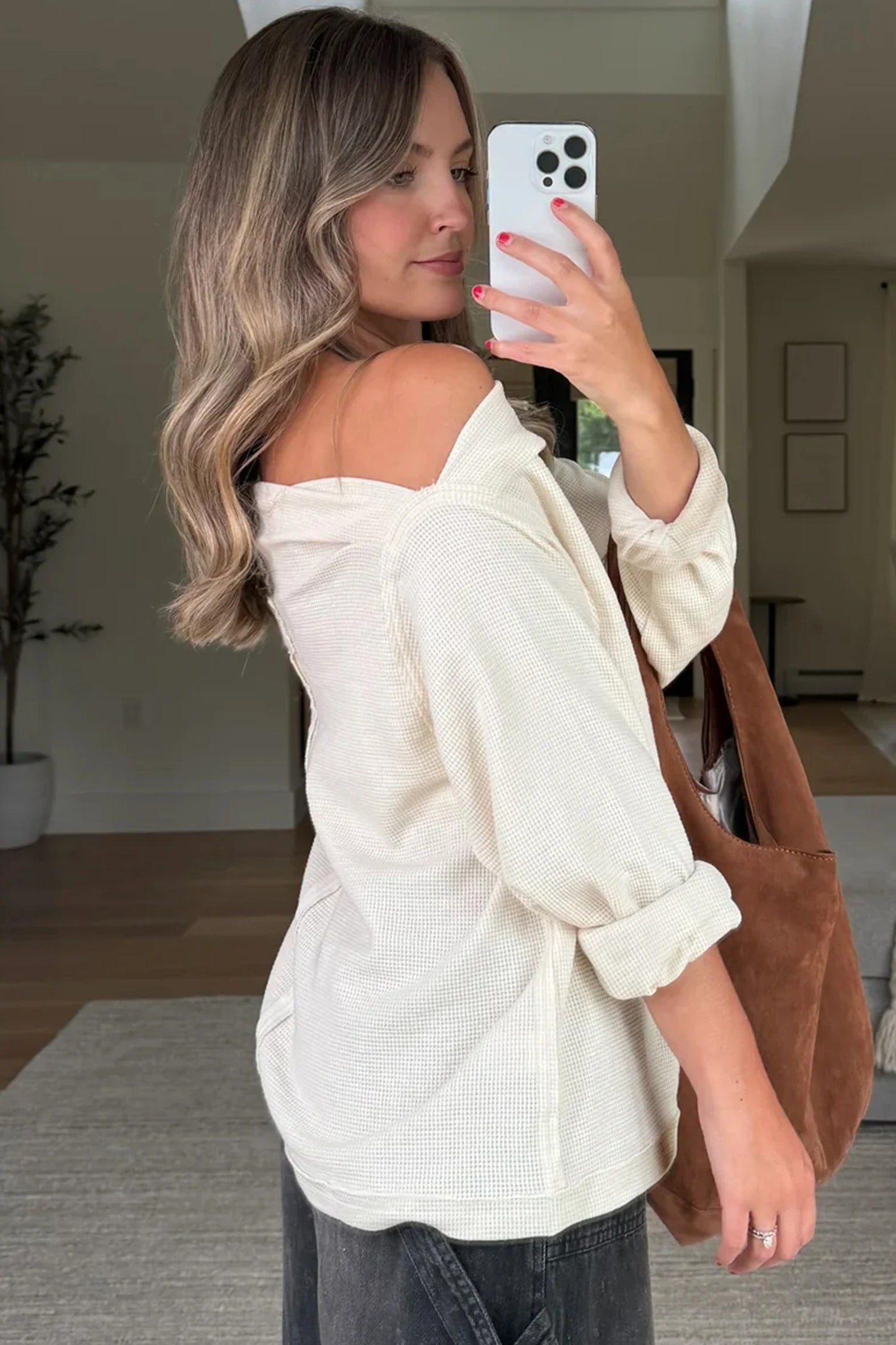 Womens Casual Loose-fitting Solid-color Off-shoulder Slim Knit Top