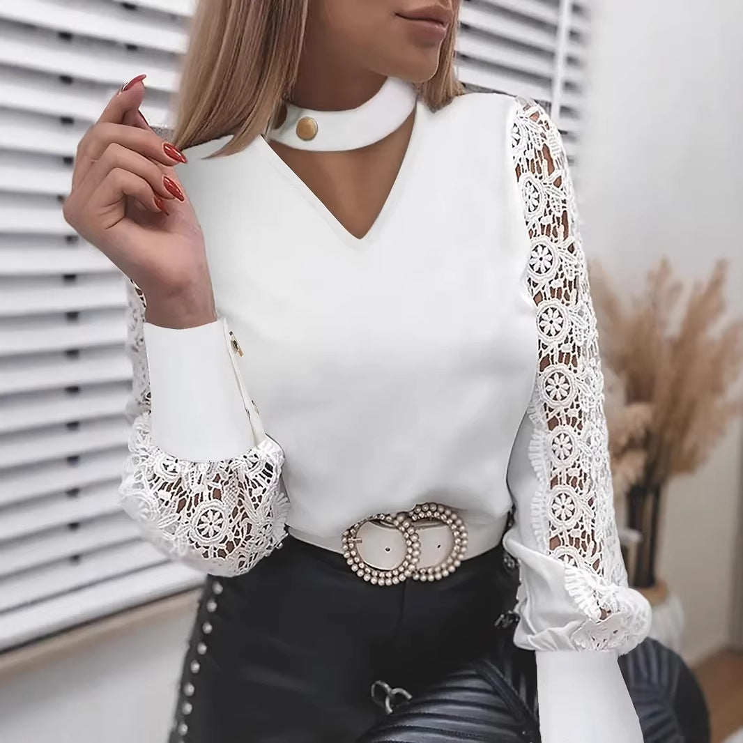 Womens Commuter V-Neck Lace Hollow-Out Long-Sleeve Shirt