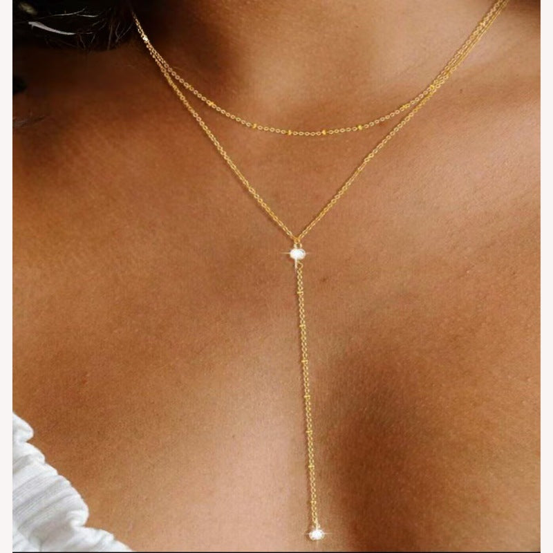 European And American Y Shaped Zircon Double Layer Necklace With A Niche Designer Inspired Look