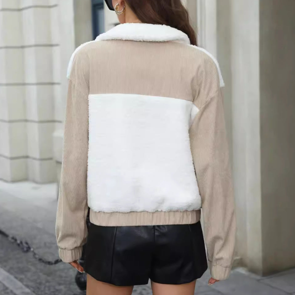 Women's Fleece Patchwork Corduroy Loose Cardigan Coat