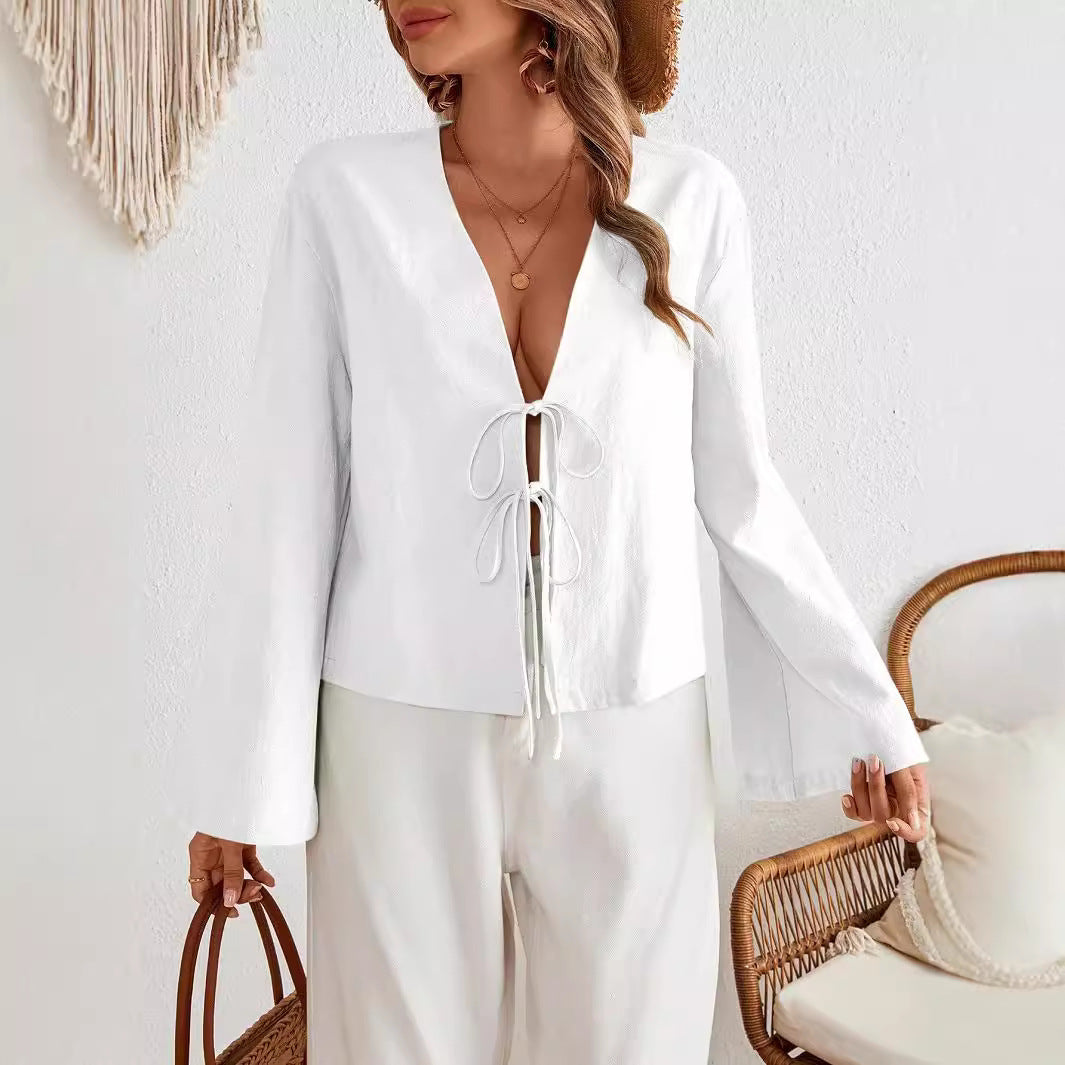 Womens Casual Loose V-Neck Hollowed Solid-Color Shirt