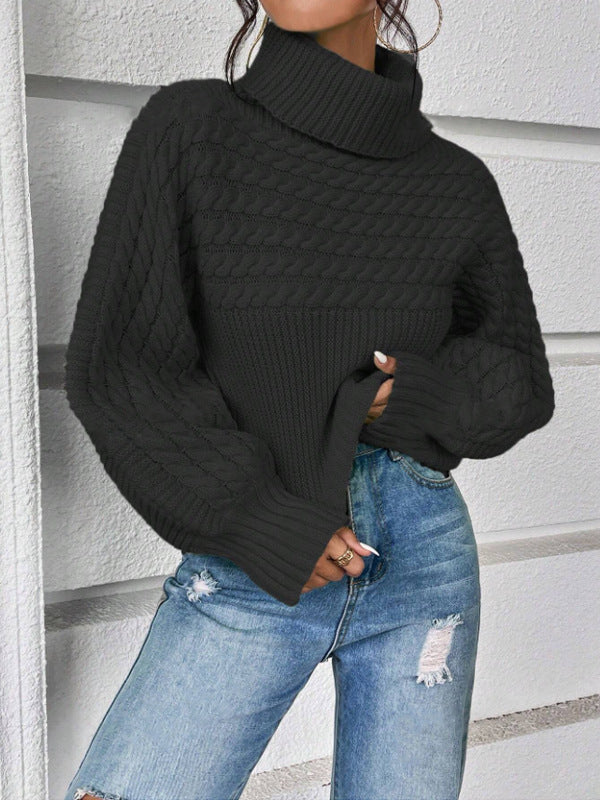 Womens Solid-Color Knitted Sweater With Cable Knit And Ribbed Texture