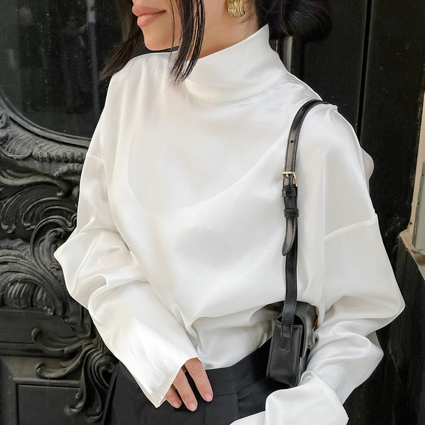 Women's Elegant High-neck White Workwear-style Relaxed-fit Long-sleeve Top