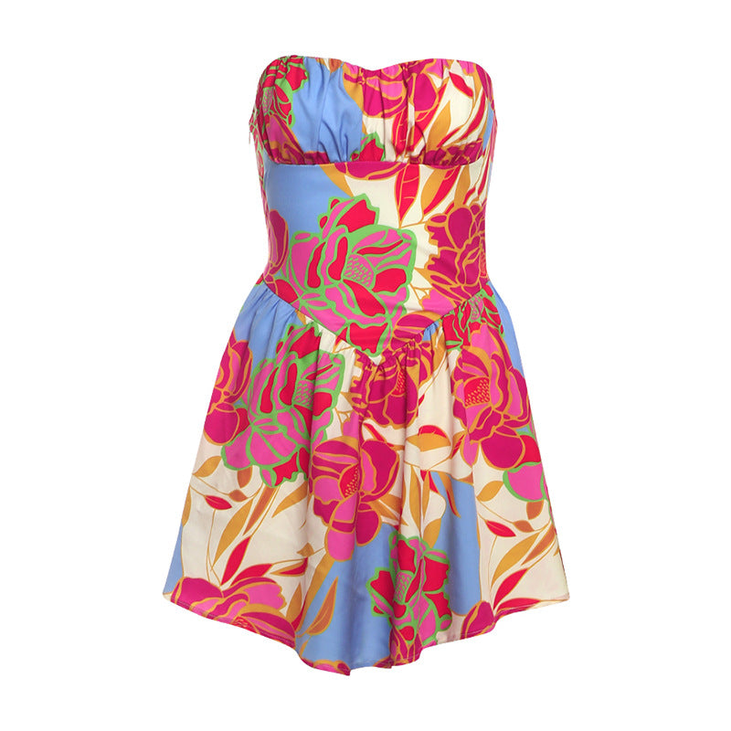 Womens Fashionable Sexy Strapless Waist-Cinching Backless Short Skirt Printed Dress