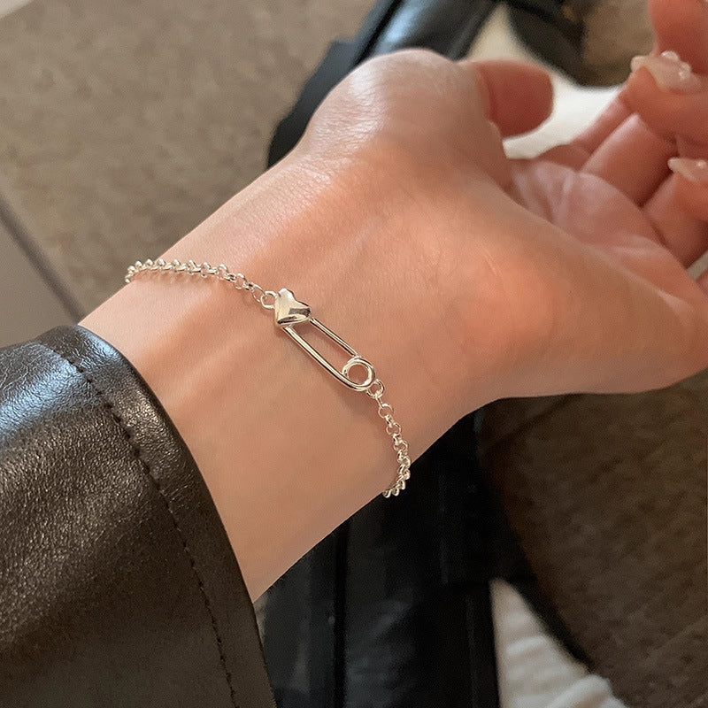 S925 Heart Shaped Paperclip Bracelet   Solid  Jewelry Piece