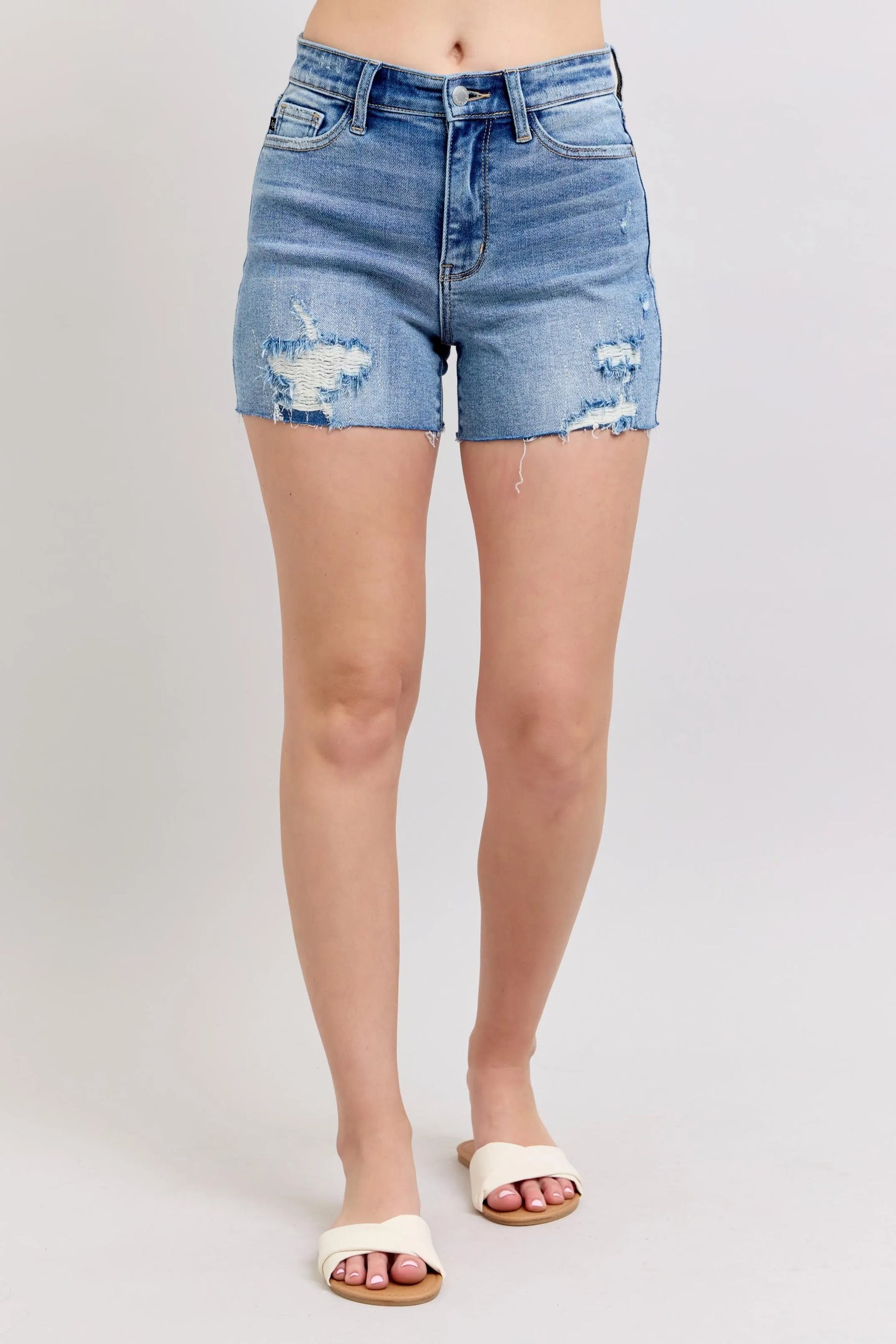 Judy Blue Full Size High Waist Denim Shorts W/stitch Over Destroy Detail Plus Size-2