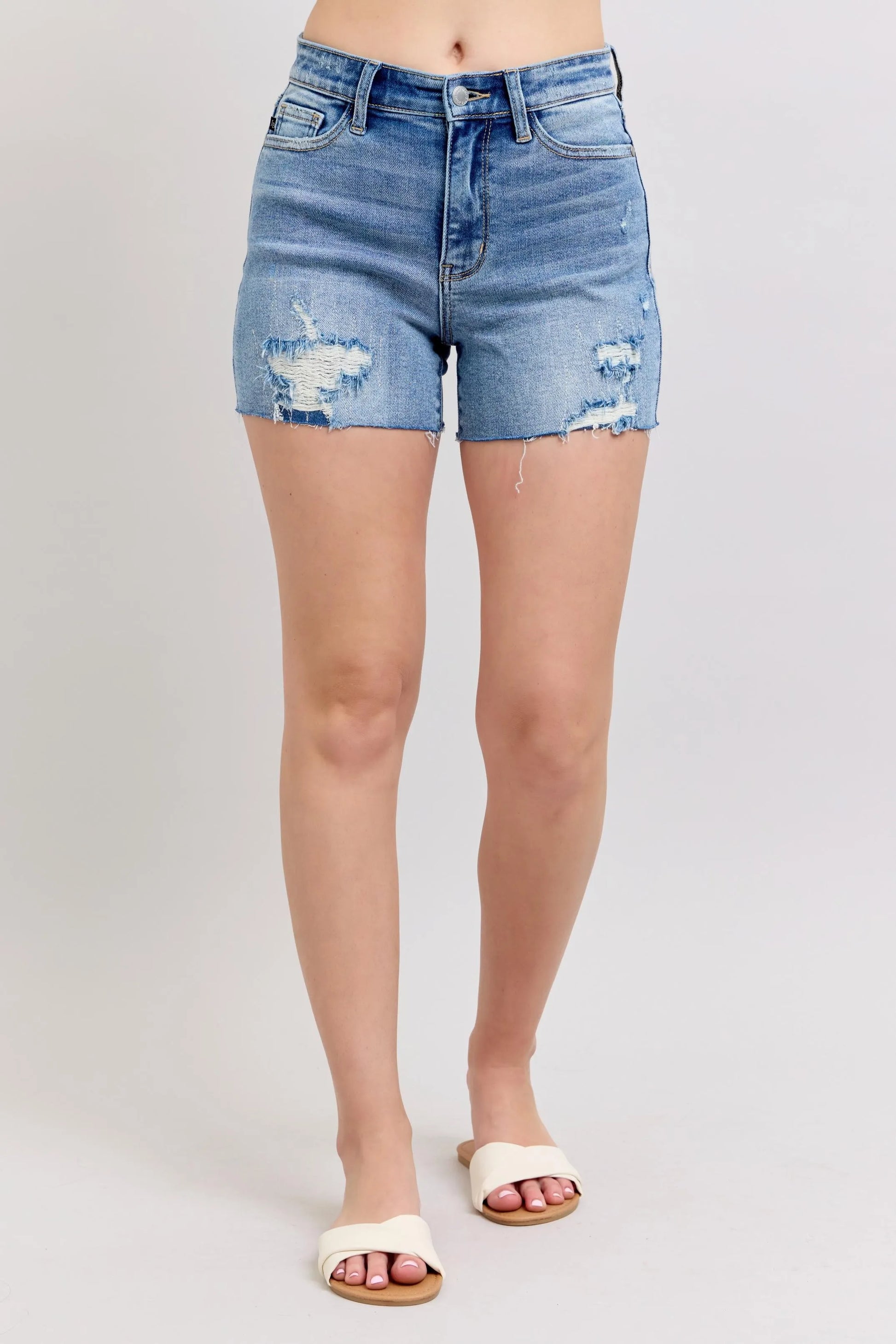 Judy Blue Full Size High Waist Denim Shorts W/stitch Over Destroy Detail Plus Size-2