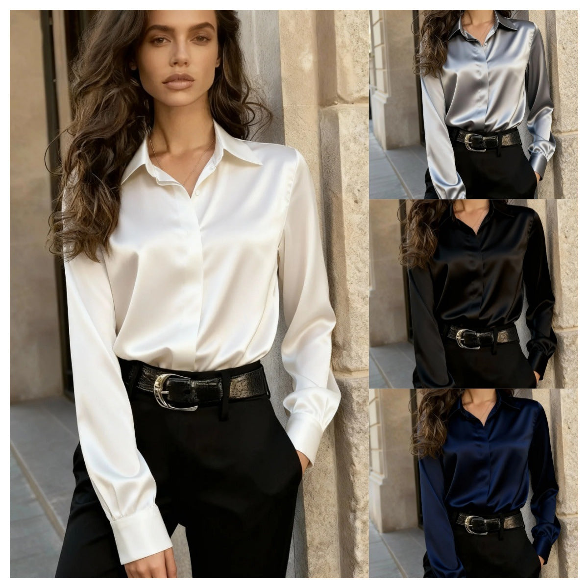 Autumn Commuting Versatile Long Sleeve Turn-down Collar Satin Women's Shirt