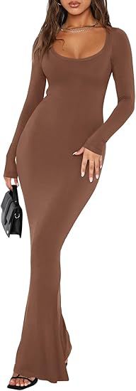 Soft Casual Long Dress With A Square Neckline And Long Sleeves