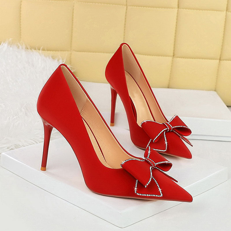 Rhinestone Bow Stiletto Heel Pumps Pointed High Heels