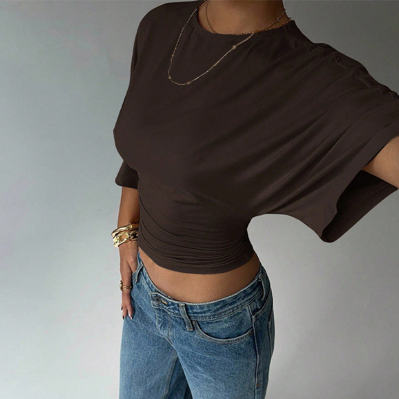 Women's Solid-Color Cropped Mid-sleeve T-shirt Short Fitted Top