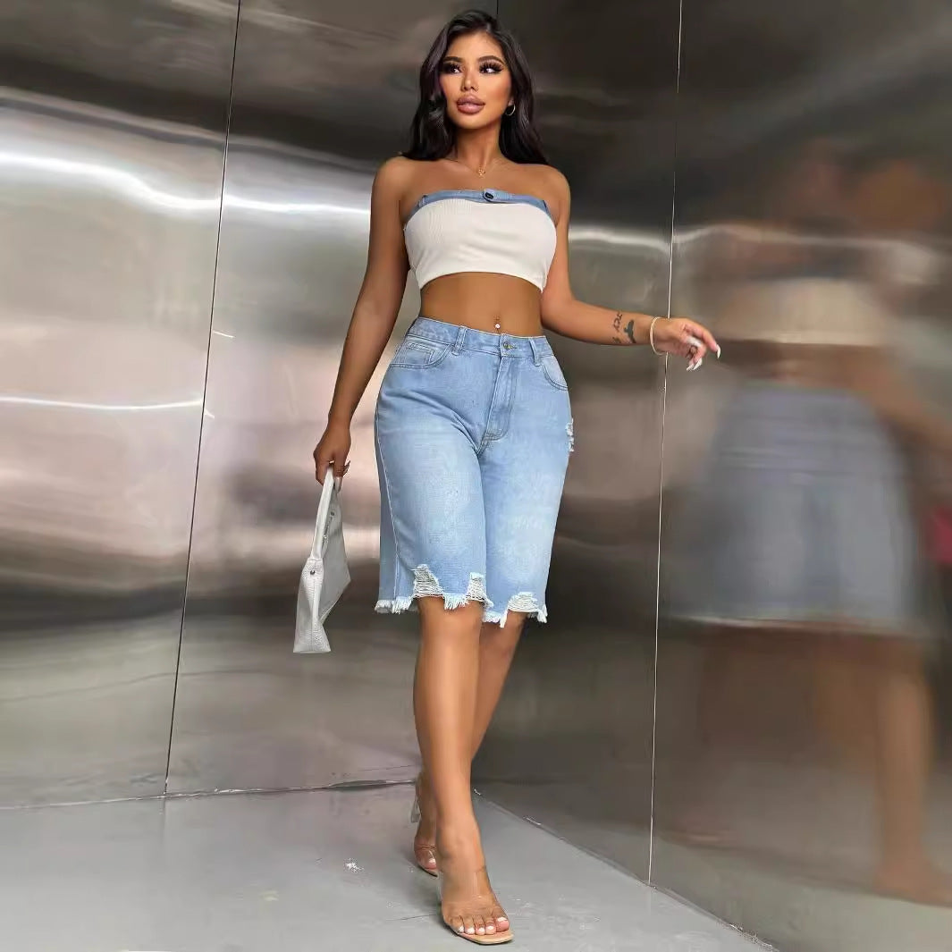 Womens Stylish Ripped Raw-edge Denim Shorts