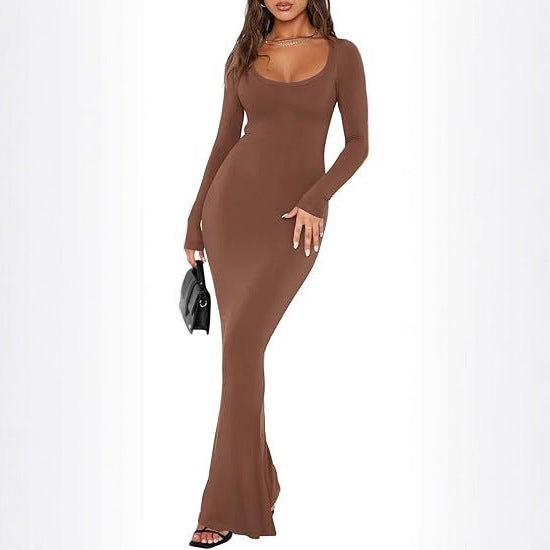 Soft Casual Long Dress With A Square Neckline And Long Sleeves