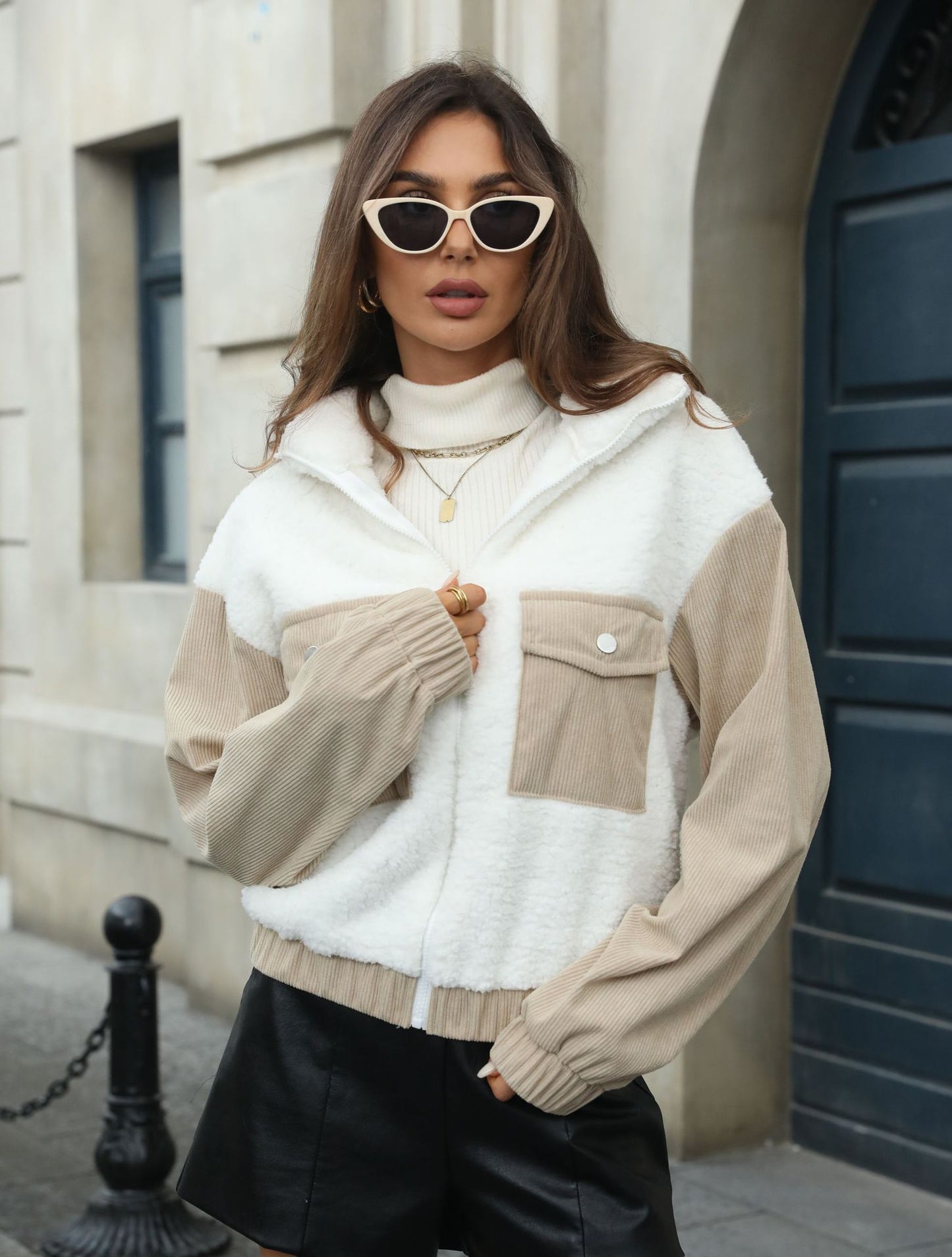 Women's Fleece Patchwork Corduroy Loose Cardigan Coat