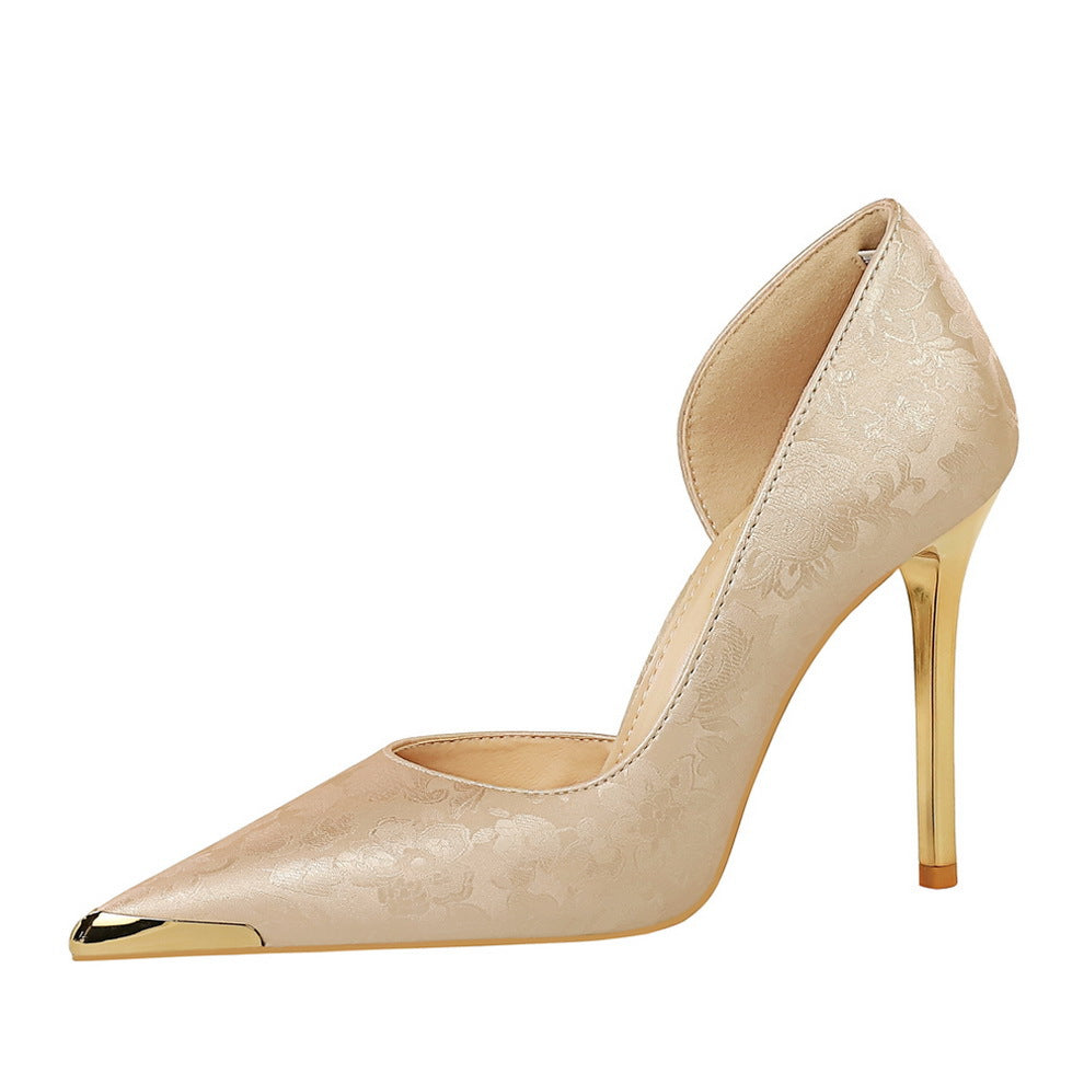Satin Metal Pointed High Heel Thin Heel Shallow Single Shoes