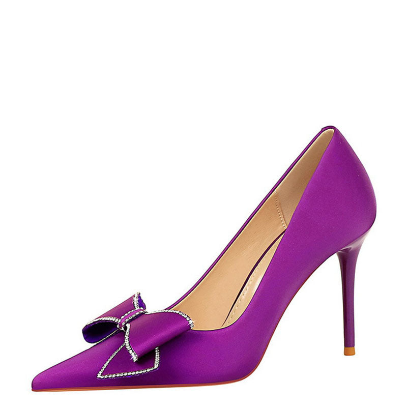 Rhinestone Bow Stiletto Heel Pumps Pointed High Heels