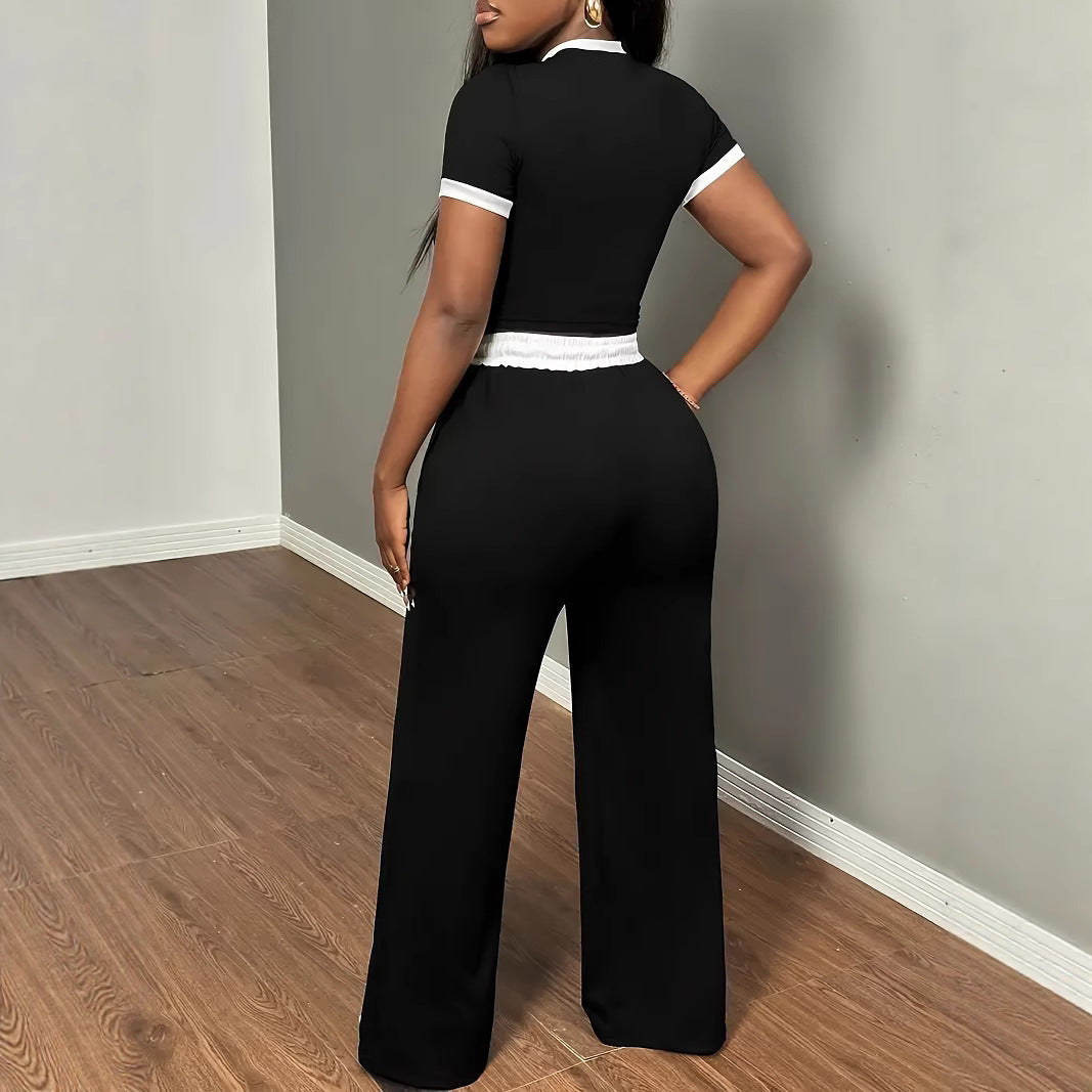 Womens Color-block Slim-fit Short-sleeve Top And Pants Two-piece Set