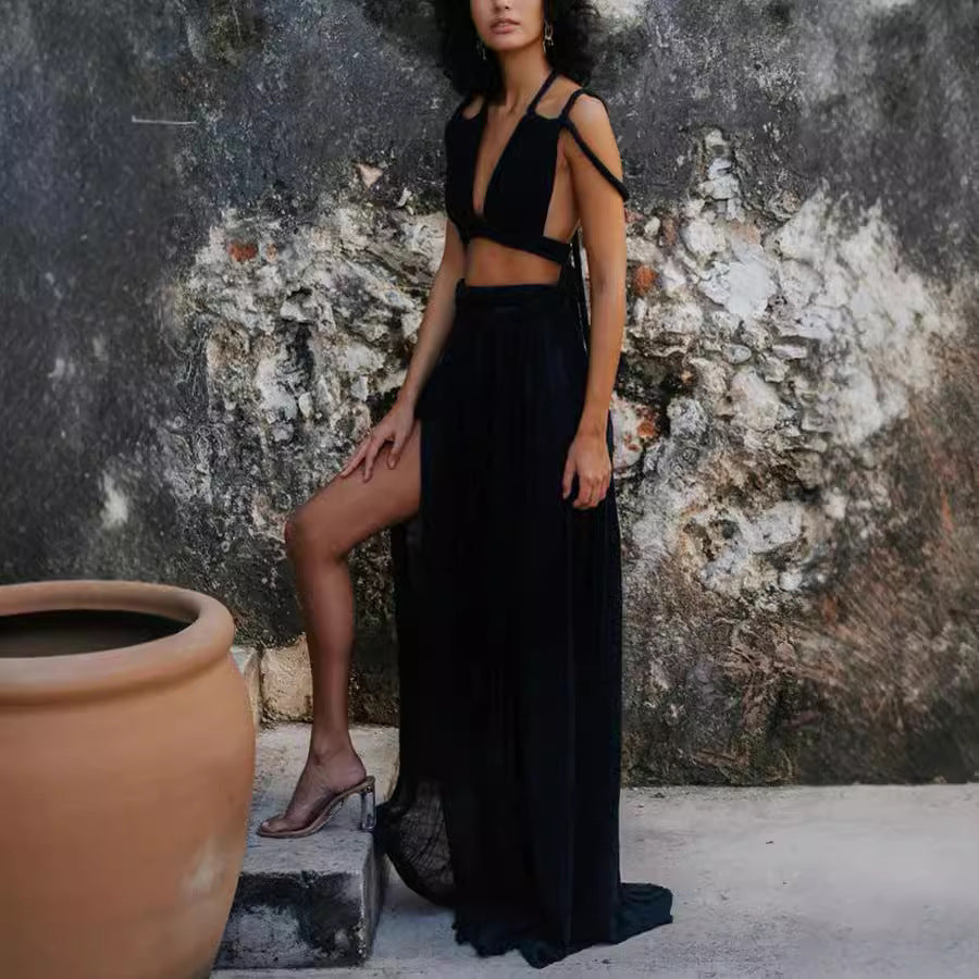Womens Lace-Up Elastic Split Skirt Loose Vacation Two-Piece Set