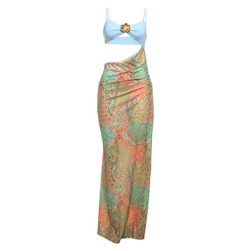 Spring Sexy Spaghetti Strap Patchwork Midriff-Baring Printed Maxi Dress