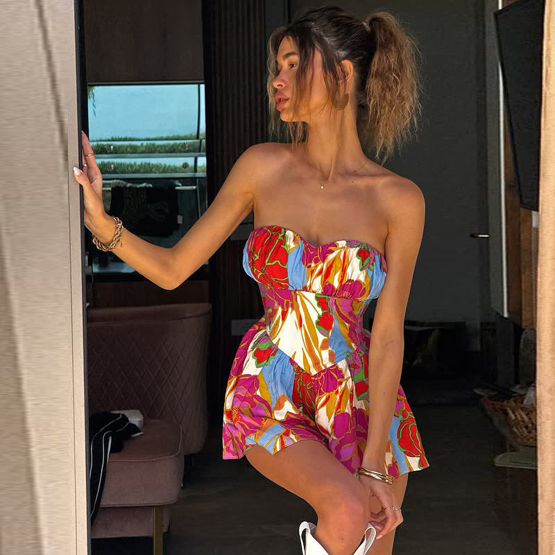 Womens Fashionable Sexy Strapless Waist-Cinching Backless Short Skirt Printed Dress