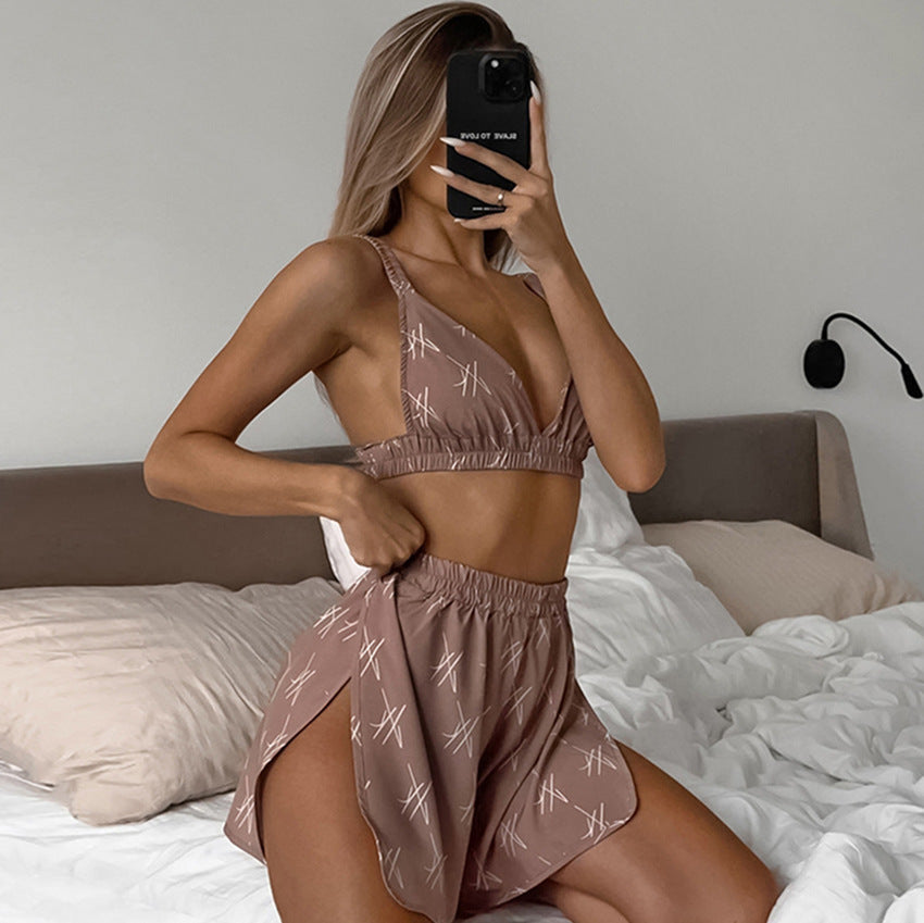 Fashionable Printed Camisole And Slit Shorts For Women