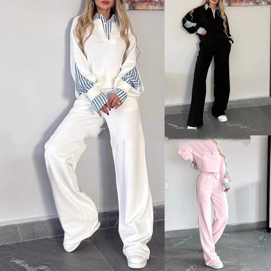 Lapel-collar Long-sleeve Shirt And Relaxed-fit Casual Hoodie Set