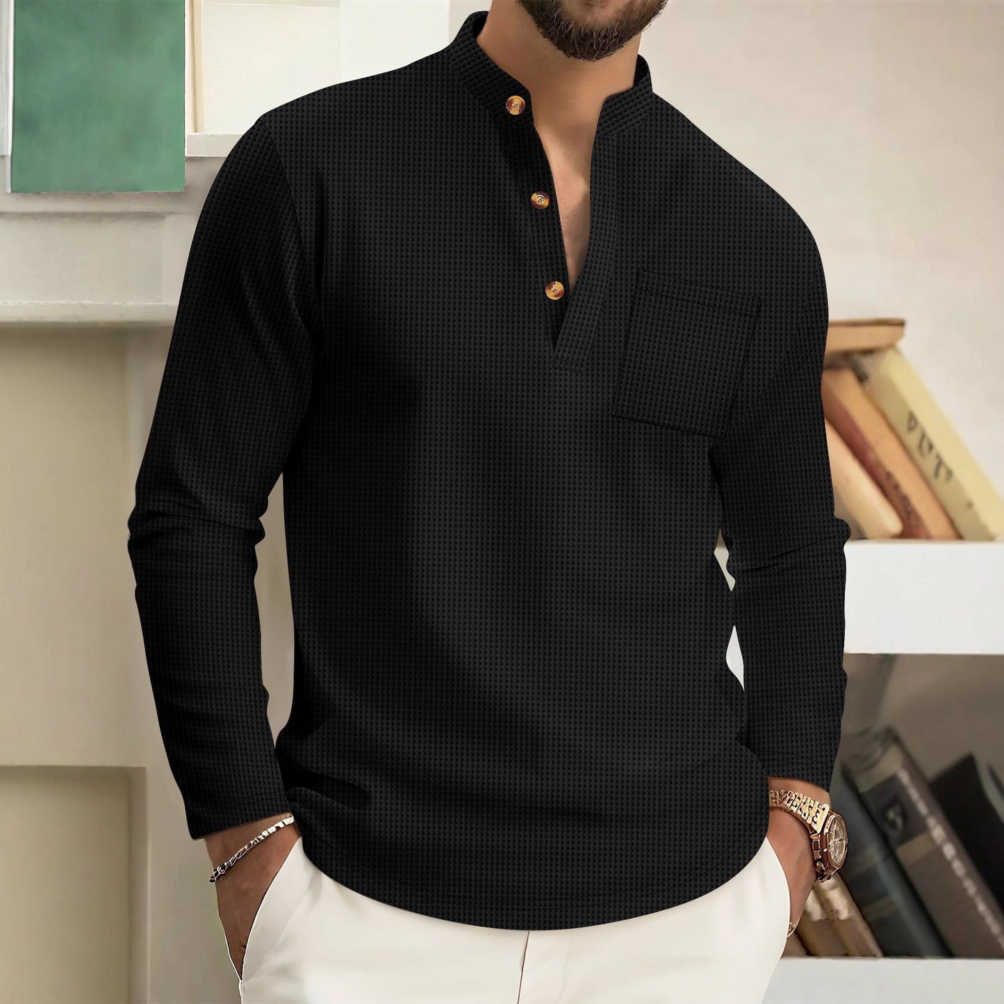 Waffle-pattern Solid-color Stand-up Collar With Long Placket And Buttons Long Sleeves